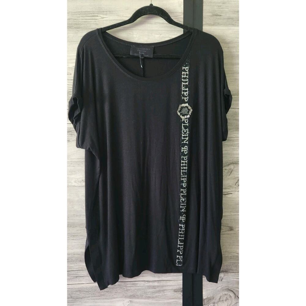 Philipp Plein Couture Logo Embroidered Women's Black T-shirt Size 52 US XXL